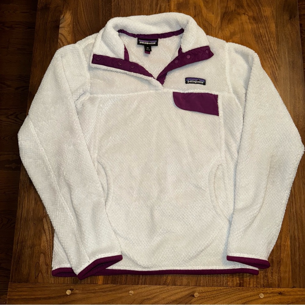 Patagonia White and Purple Cowl Neck Sweater